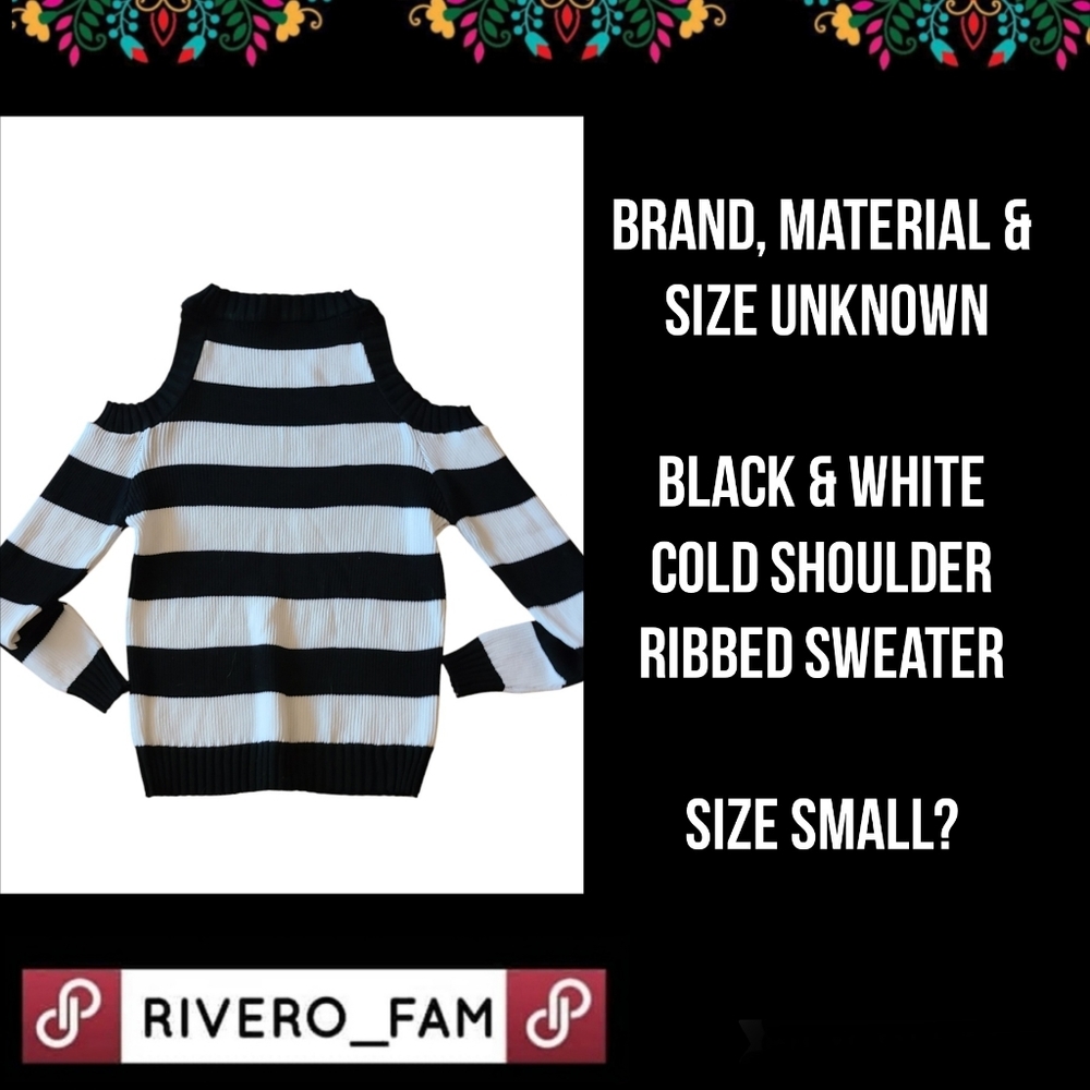 BRAND, MATERIAL & SIZE UNKNOWN | BLK & WHT COLD SHOULDER RIBBED SWEATER | SIZE S